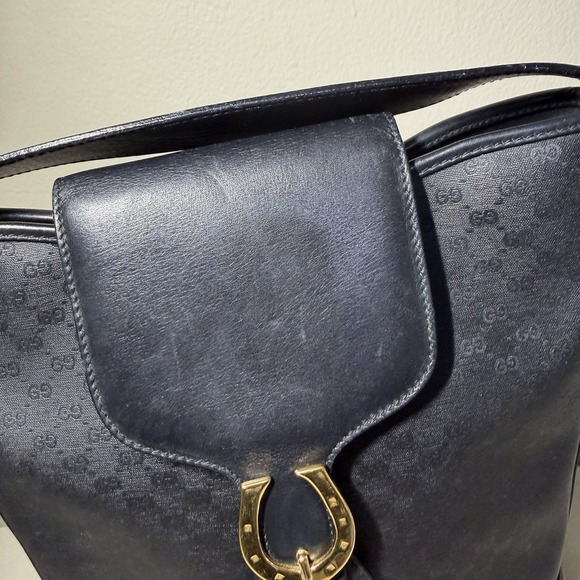 Vintage Gucci Horse Shoe Shoulder Bag Black Leather Canvas Monogram Authentic - Picture 5 of 16